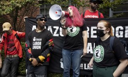 The Amazon Labor Union and Starbucks Workers United teamed up a year ago to protest union-busting actions by both companies.