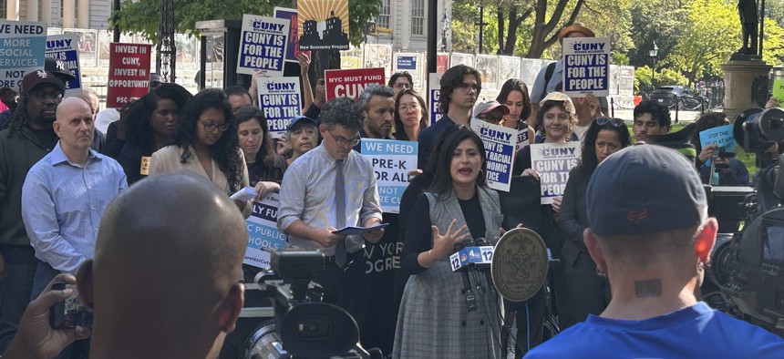 State Sen. Jessica Ramos, flanked by City Council Members Shahana Hanif, Lincoln Restler and Alexa Avilés, addresses the crowd at a rally against budget cuts on Sept. 19.