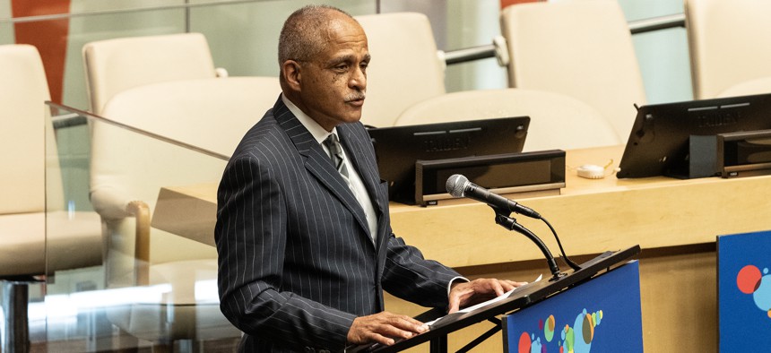New York State Court of Appeals Chief Judge Rowan Wilson speaks during the World Law Congress at the United Nations on July 21, 2023.
