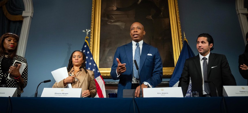New York City Mayor Eric Adams and senior administration officials hold an in-person media availability at City Hall on Tuesday